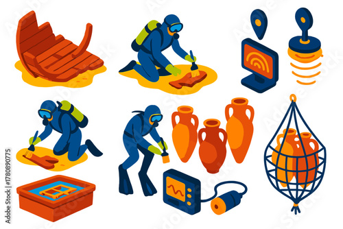 Nautical Archaeology Icons. Isometric vector illustration set Nautical archaeology: ship hull fragments, divers with brushes,