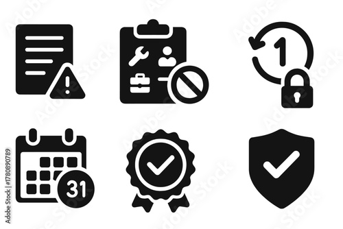 Visa Conditions Icons. Solid style icons of radioactive material awareness: isotope glyph, glowing barrel icon, vault badge.