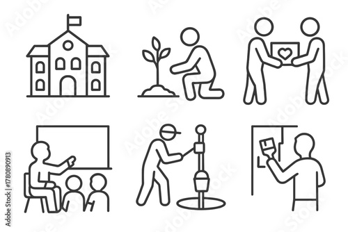 Community Service Icons. Line style icons of community service activities: building school icon, planting trees symbol,