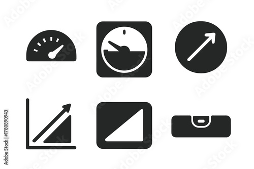 Slope Angle Icons. Solid style icons of slope angle measurements: degree gauge glyph, tilt meter icon, curve badge. Downhill ring,