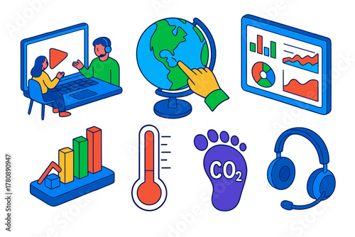 Virtual Climate Lesson Icons. Isometric vector illustration set Climate action – virtual climate lesson, interactive globe, data