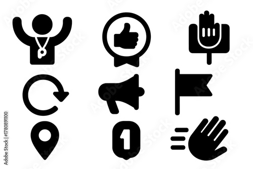 Motivational Signal Icons. Solid style icons of motivational signals and cues: coach cheering behind icon, flipped gesture badge,