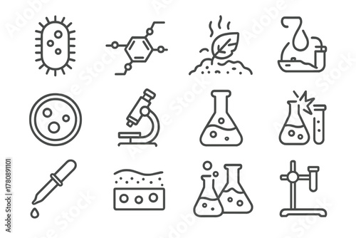 Biodegradation Scientific Icons. Line style icons of Waste Biodegradation: Bacterium, Polymer Chain, Decomposition, Pollution
