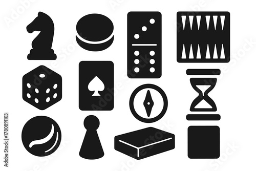 Classic Board Game Icons. Solid style icons of Classic Board Games: Chess Piece, Checker, Domino, Backgammon Board, Dice, Playing