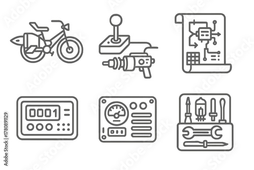 Retro-Futuristic DIY Icons. Line style icons of DIY retro-futuristic builds: build-your-own rocket bike, joystick-controlled