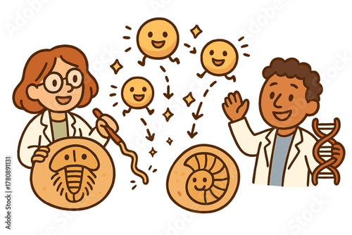 Whimsical Fossil Mapping. Friendly doodle fossil protein mapping with happy scientists, cartoon molecules bouncing, smiling fossil