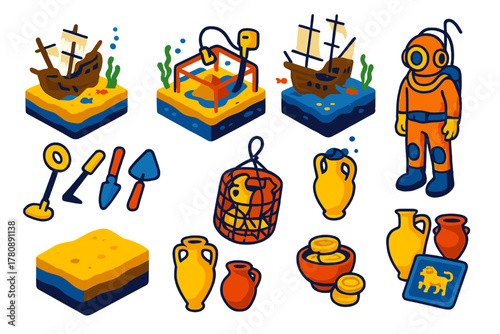 Nautical Archaeology Icons. Isometric vector illustration set Nautical archaeology: sunken galleons, underwater excavation tools,