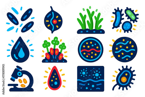 Bioluminescent Microbe Icons. Flat vector icons of microscopic bioluminescence: plankton glow, dinoflagellate cell, algae bloom,