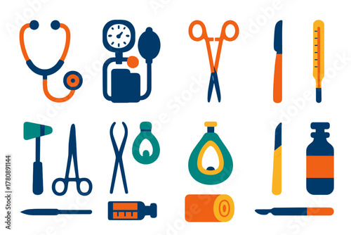 Vintage Medical Icons. Flat vector icons of Vintage Medical Equipment: stethoscope, sphygmomanometer, surgical scissors,
