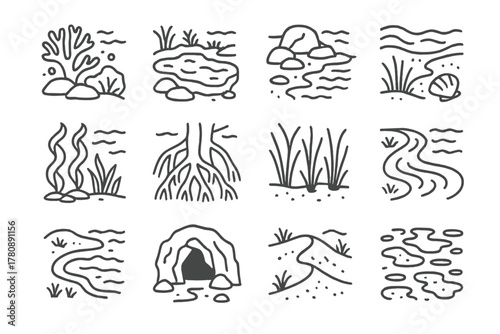 Ocean Habitat Icons. Line style icons of ocean habitats: coral reef, tide pool, rocky shore, sandy beach; kelp forest, mangrove