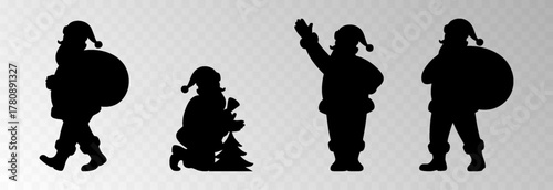 Santa Claus png with a big gift sack walking in snowy forest surrounded by Christmas trees, isolated on transparent background, space for holiday sale text, luxury New Year card vector