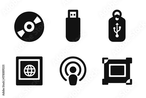 Time Capsule Icons. Line style icons of Time Capsule Curation: music CD, flash drive, USB tag, internet snapshot print, podcast