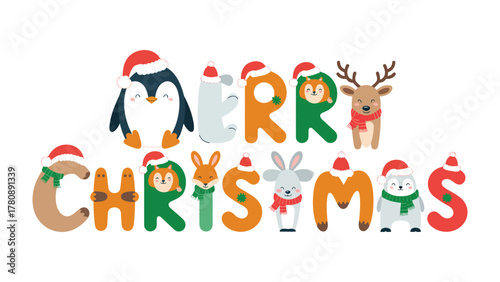 Holiday Cheer and Festive Fun: Joyful, whimsical characters spell out Merry Christmas, capturing the spirit of winter holiday season. 