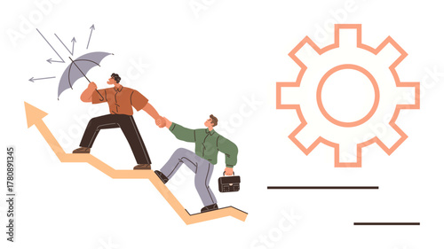 Two individuals climb an upward arrow, symbolizing growth. One holds an umbrella as protection, aiding the other. Gear icon represents systems and processes. Ideal for teamwork, leadership, growth