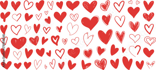 Hand drawn red hearts doodle set for love and romance design