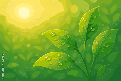 Dew-Kissed Leaves. Morning dew glistening on bright green leaves, soft vector illustration golden sunlight illuminating the scene,