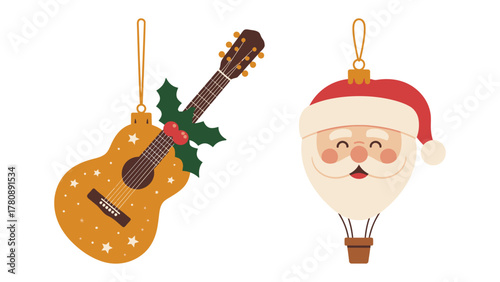 Festive Holiday Ornaments: Capturing the festive spirit of the season, a guitar and Santa Claus-shaped ornament exude warmth and anticipation, offering a visual treat.