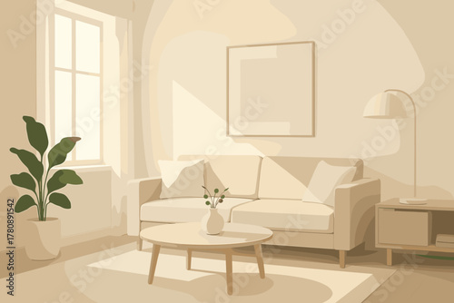 Minimalist Living Room. Minimalist modern living room with clean lines, neutral tones, and vector illustration soft natural