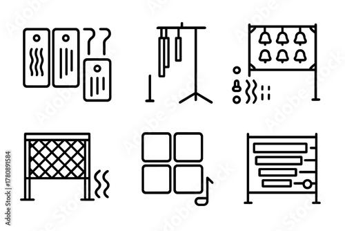 Modular Sound Sculptures. Line style icons of modular sound sculpture sets: interchangeable tone panels, configurable chime arms,