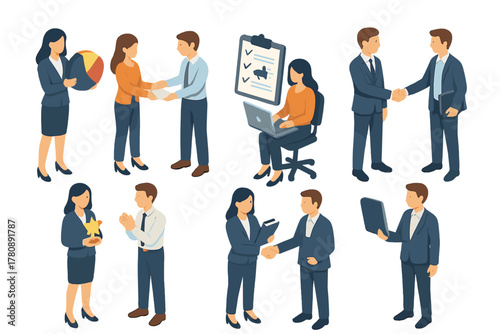 Business Team Dynamics. Isometric vector illustration set of Business People: businesswoman with pie chart, employee handing in