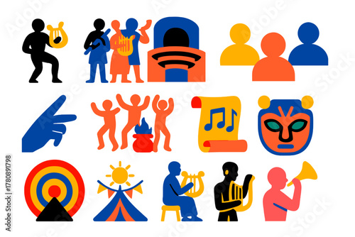 Ancient Music Icons. Flat vector icons of ancient musical performances: musician silhouette, ensemble group, amphitheater stage,
