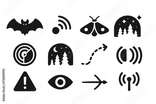 Echolocation Icons. Solid style icons of echolocation and predator-prey interaction: bat, sonar pulse, moth, wings spread, radar