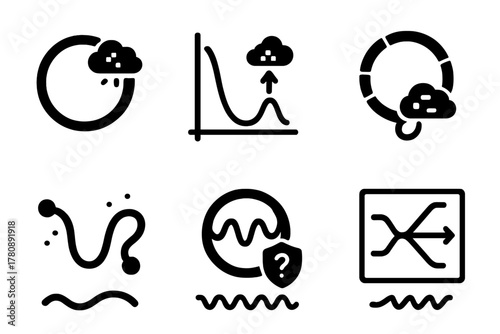 Quantum Protein Folding Icons. Solid style icons of quantum protein folding: protein loop with quantum cloud, energy minimum
