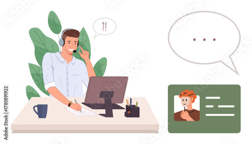 Male agent wearing a headset interacts with a client on a video call. Includes desk, computer, speech bubbles. Ideal for customer support, remote assistance, communication, teamwork, helpdesk