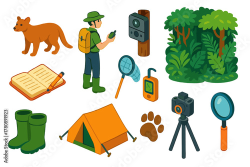Species Rediscovery Adventure. Isometric vector illustration set Species Rediscovery: hidden animal thought extinct, field