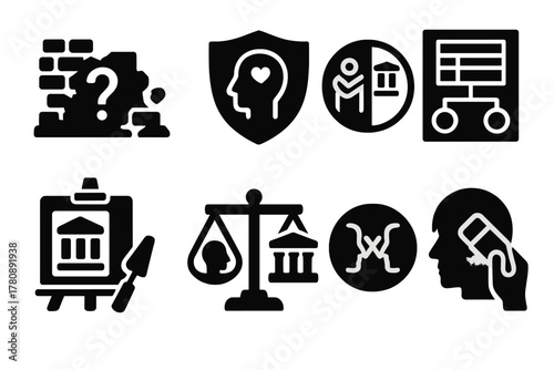Preservation Ethics Symbols. Solid style icons of ruin-site marking ethics: question mark on wall icon, intent glyph badge, harm
