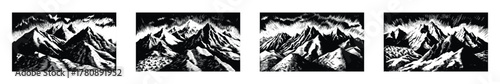 Mountain Landscape Woodcut Style – Black and White Engraving Illustration of Alpine Peaks and Nature Scene Vector
