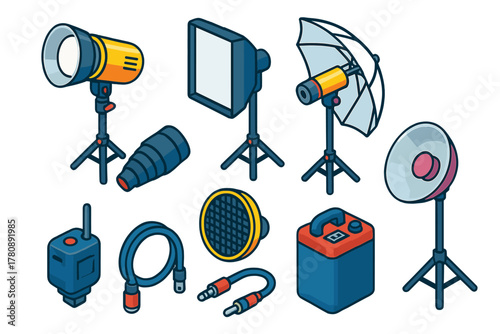 Vibrant Photography Equipment. Isometric vector illustration set Film and photography – studio strobe, softbox, umbrella reflector