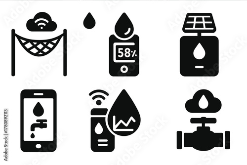 Smart Harvesting Icons. Solid style icons of smart harvesting technology: IoT-connected fog net, digital humidity reader,