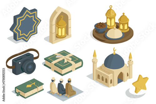 Islamic Isometric Illustrations. Line style icons of maglev and renewable energy: maglev station with solar roof, wind turbine