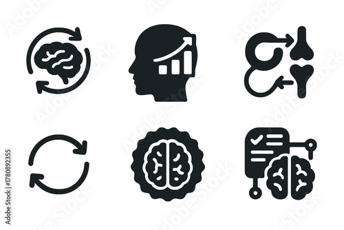 Neuro Feedback Icons. Solid style icons of feedback and learning: neural feedback path, brain with growth chart, learning synapse