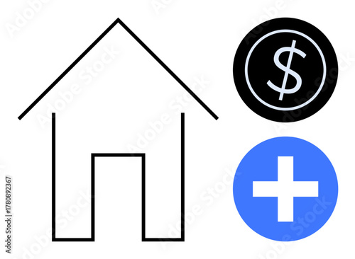 Simplistic house outline beside a dollar coin and blue cross. Ideal for real estate, budgeting, insurance, home care, wellbeing, financial security, healthcare topics. Simple flat metaphor