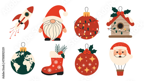 Christmas ornaments set: A collection of charming Christmas ornaments, each one a unique emblem of the holiday, evoking the spirit of joy and the magic of Christmas