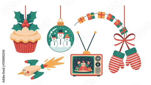 Festive Ornaments: A charming array of Christmas ornaments, including a cupcake with holly, a snowman bauble, a vintage television, a bird ornament, a festive garland and a pair of mittens.