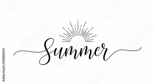 Summer handwritten calligraphy lettering with rising sun icon. Elegant seasonal greeting card design vector illustration