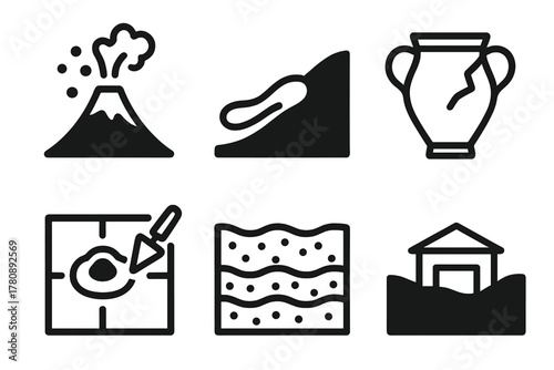 Disaster Archaeology Icons. Line style icons of Disaster Archaeology: volcanic ash icon, pyroclastic flow path, vitrified artifact