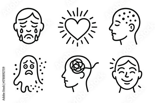 Emotional Healing Icons. Solid style icons of night-time ashboarding: headlamp glyph, moonlit slope icon, glow badge. Dark ride