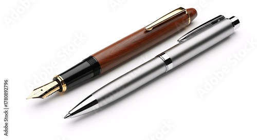 Fountain and Ballpoint Pens on white background 