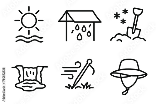 Fieldwork Weather Icons. Line style icons of seasonal conditions in fieldwork: summer heatwave icon, rain tarp symbol, winter dig