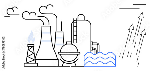 Smoke stacks, refinery tower, cooling tower, energy storage, and water wave lines. Ideal for energy, industry, pollution global warming sustainability renewable resources climate change. Simple