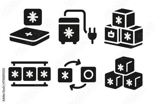 Scalable Cooling Icons. Solid style icons of scalable refrigeration: modular magnet unit, plug-and-play cooler, stackable cooling