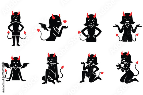 “Playful Devil Girl Poses – Mischievous Character Expressions in Red and Black”