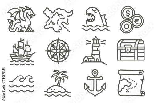 Nautical Iconography. Line style icons of Nautical Legends: Here Be Dragons, Uncharted Coast, Sea Monster, Gold Coins; Ship,