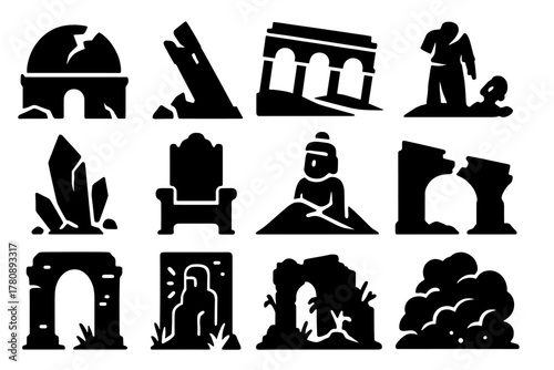 Ruined World Icons. Solid style icons of Ruined Worlds: Cracked Dome, Fallen Tower, Desert Temple, Broken Statue, Crystal Shard,