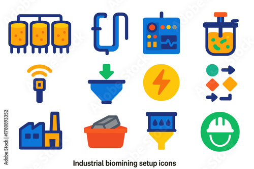 Industrial Biomining Icons. Flat vector icons of industrial biomining setup: leaching tanks, piping, control panel, bacteria