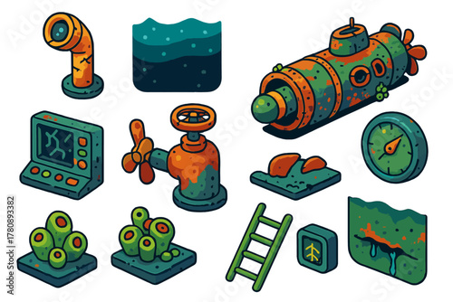 Abandoned Submarine Icons. Isometric vector illustration set Abandoned Submarine: cracked periscope, rusted metal hull, loaded